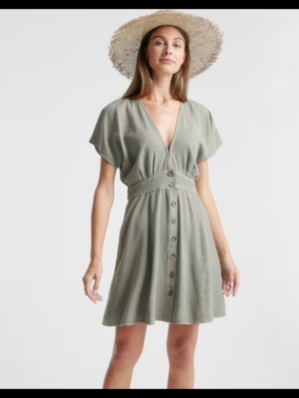 Quince Vintage Wash Tencel Green-gray Button-Down V-Neck Mini Dress